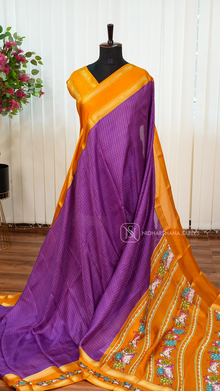 Muslin Georgette With Zari Check And Pichwai Print Gap Style Zari Border