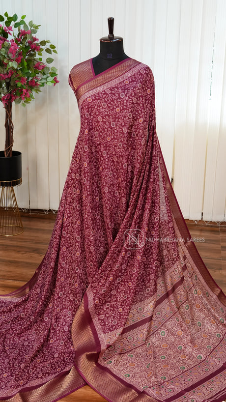 Semi Dola With Floral Digital Pint And Zari Border