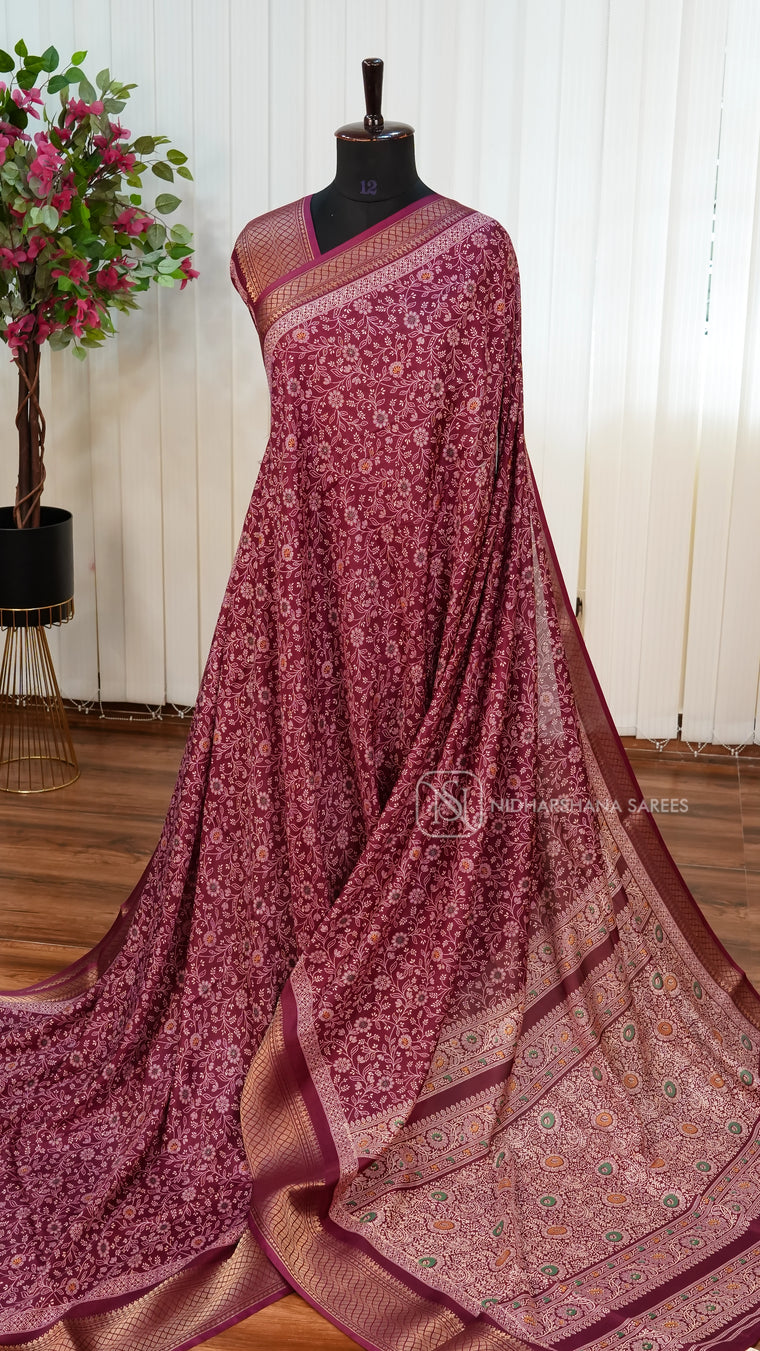 Semi Dola With Floral Digital Pint And Zari Border