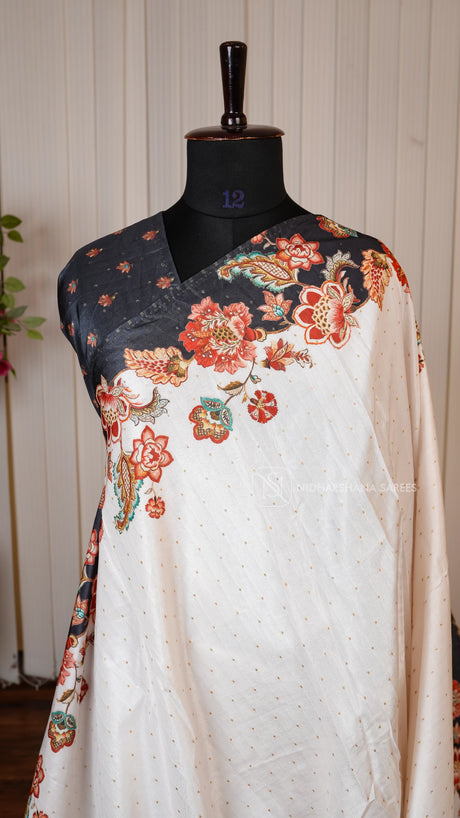 Semi Tussar With Zari Butta And Digital Floral Print Cut Work Border