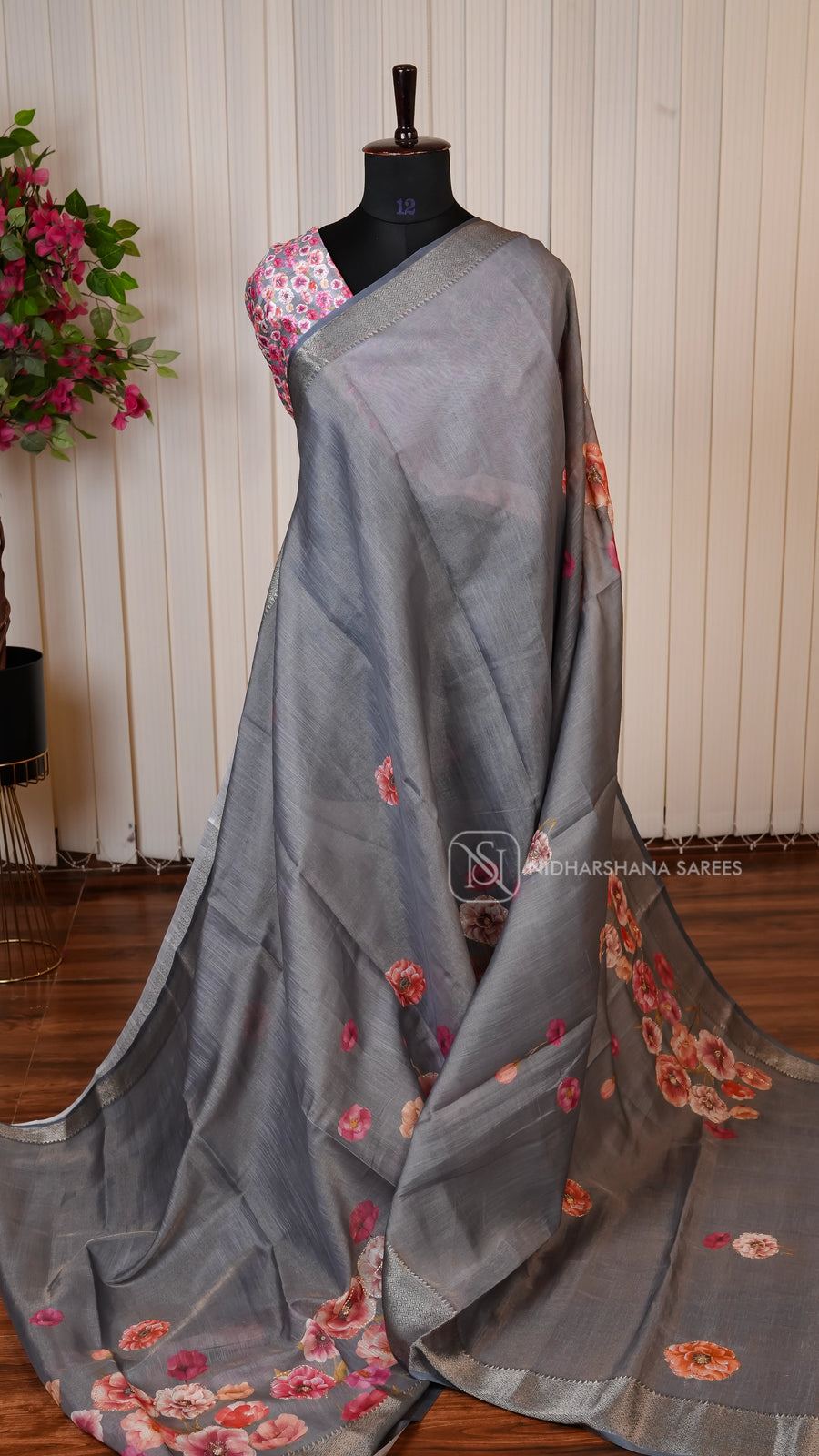 Chanderi Tissue With Floral Digital Print And Zari Border