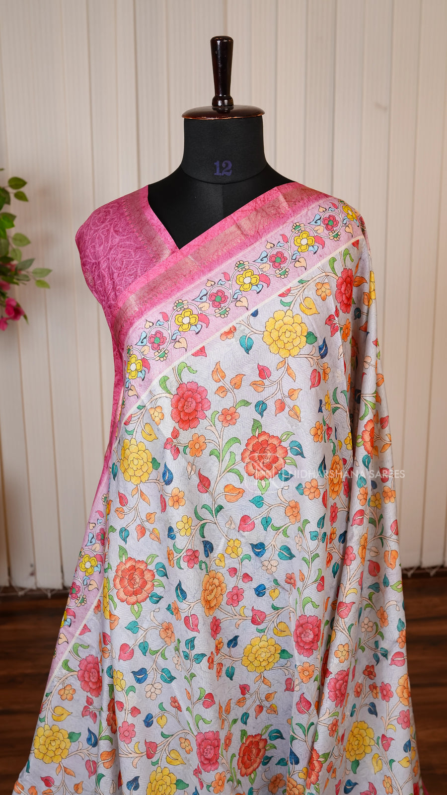 Semi Tussar With Floral Digital Print And Thread Emboss Concept