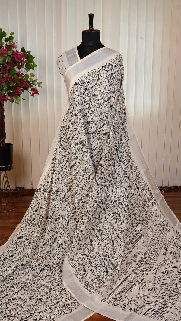 Linen Cotton With Warli Print And Zari Border