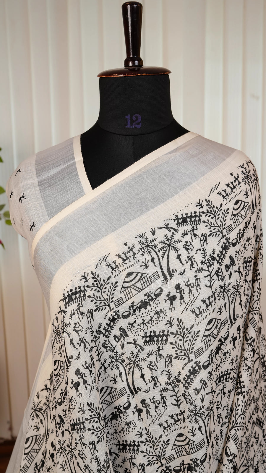 Linen Cotton With Warli Print And Zari Border