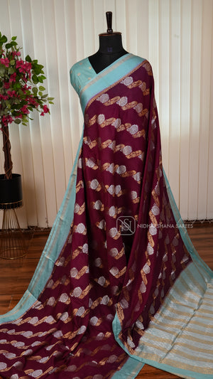 Semi Mysore Crepe Silk Saree With Silver Floral Zari And Contrast Border