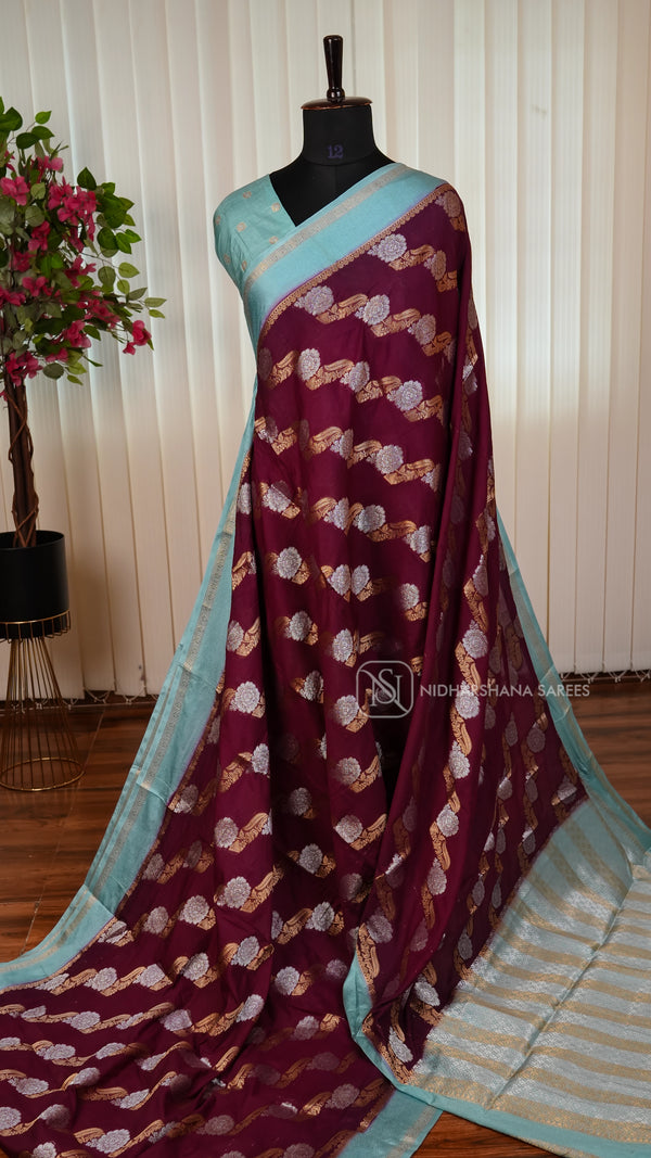 Semi Mysore Crepe Silk Saree With Silver Floral Zari And Contrast Border