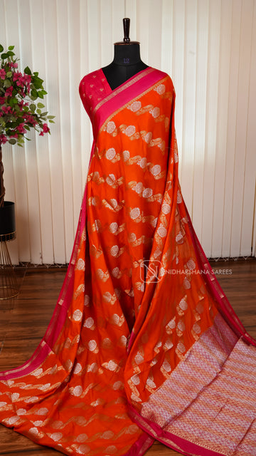 Semi Mysore Crepe Silk Saree With Silver Floral Zari And Contrast Border
