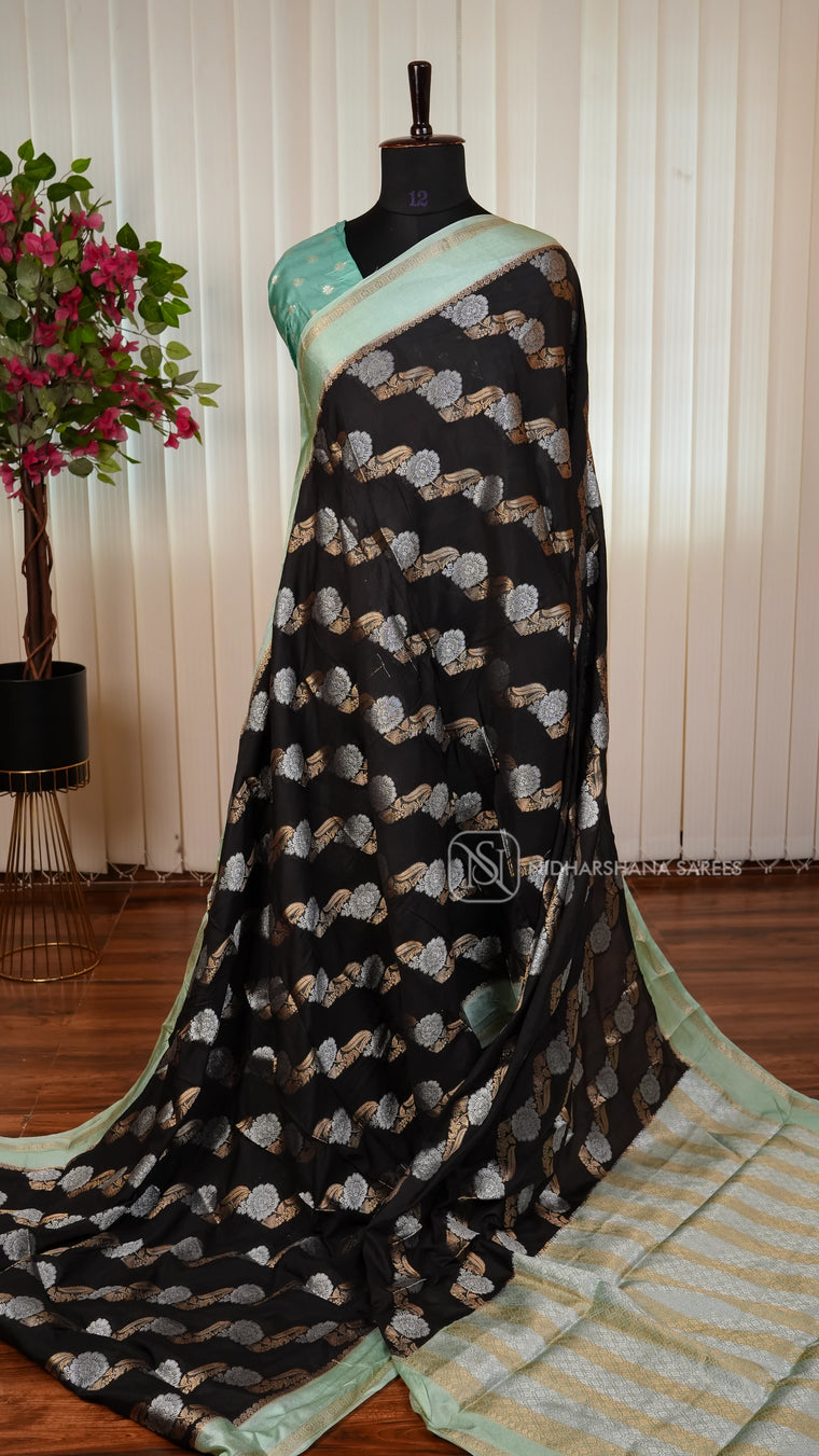 Semi Mysore Crepe Silk Saree With Silver Floral Zari And Contrast Border