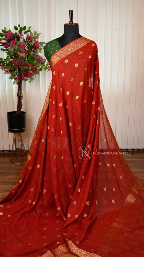 Light Weight Georgette Saree With Floral Zari Butta And Zari Weaving Border