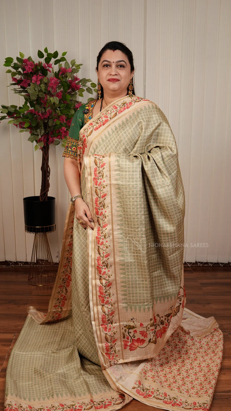 Semi Tussar Silk Saree With Katha Stitch And Pichwai Concept Border