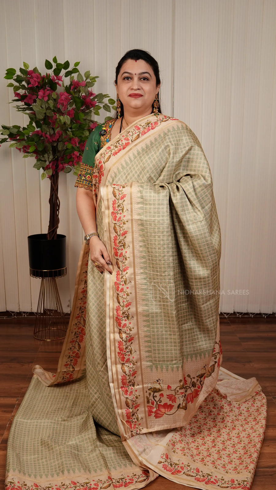 Semi Tussar Silk Saree With Katha Stitch And Pichwai Concept Border