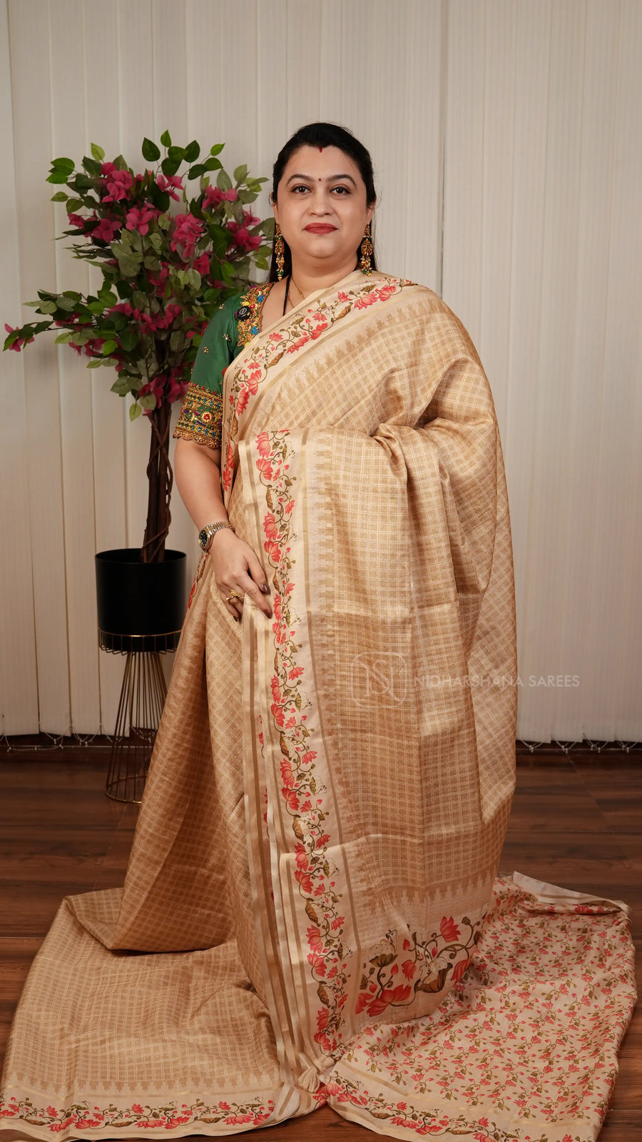 Semi Tussar Silk Saree With Katha Stitch And Pichwai Concept Border