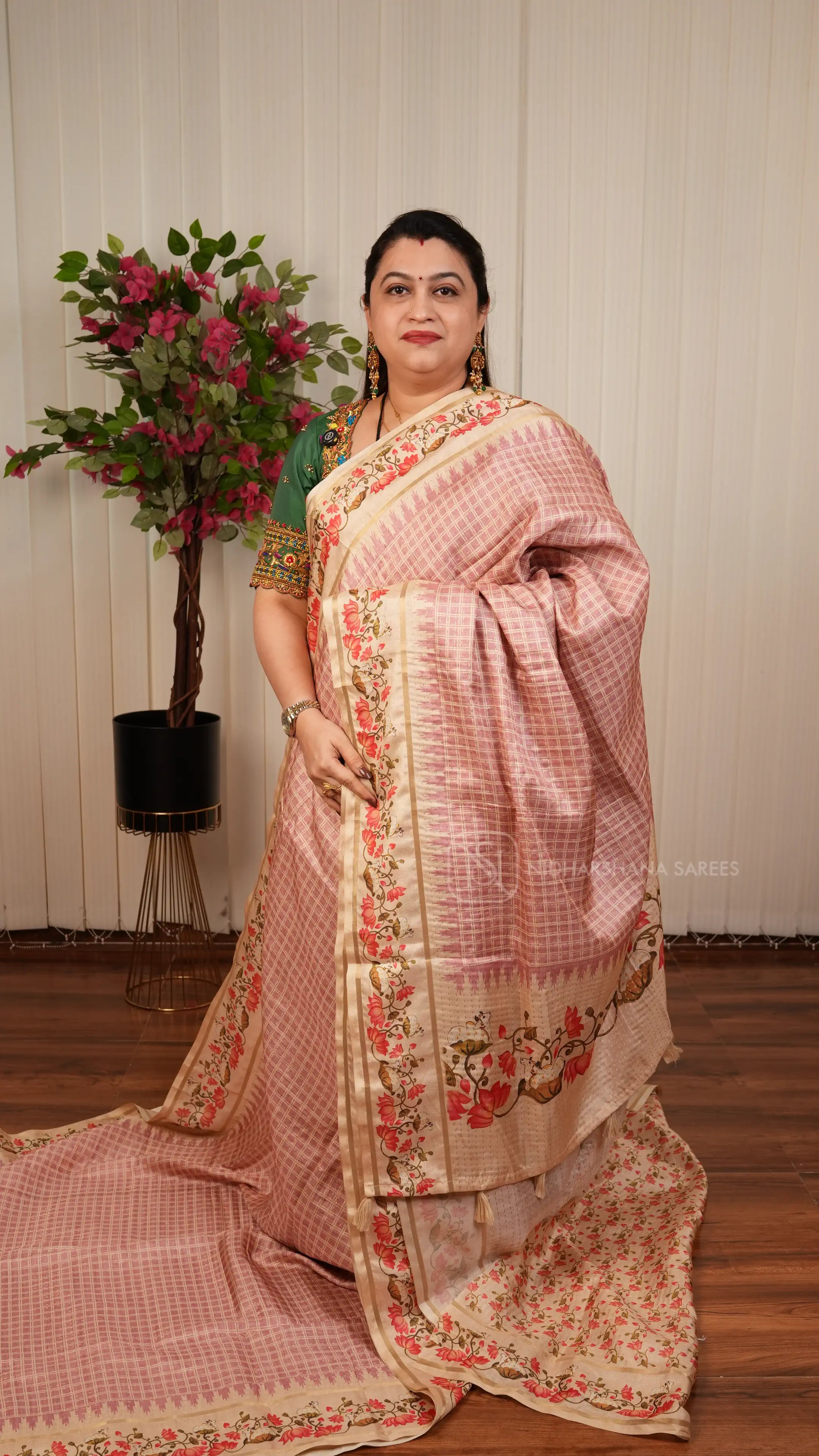 Semi Tussar Silk Saree With Katha Stitch And Pichwai Concept Border