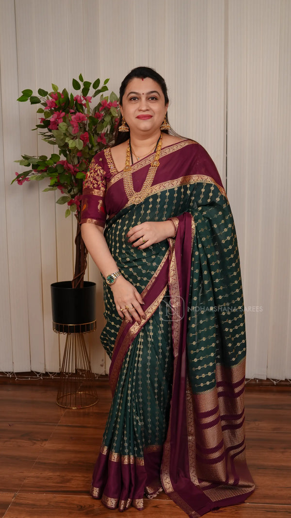 Premium Crepe Silk Saree With Floral Zari Lines And Contrast Gap Style Border