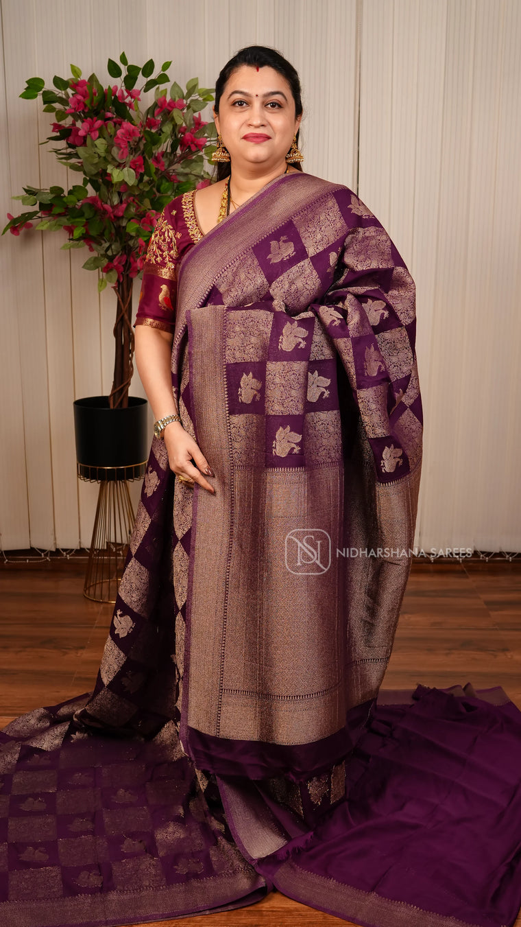 Crepe Georgette Saree With Zari Box Pattern And Peacock Motif And Zari Border