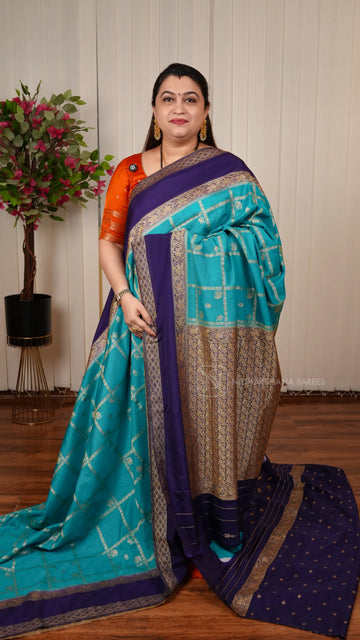 Semi Mysore Crepe Silk Saree With Big Zari Checks And Contrast Gap Style Border