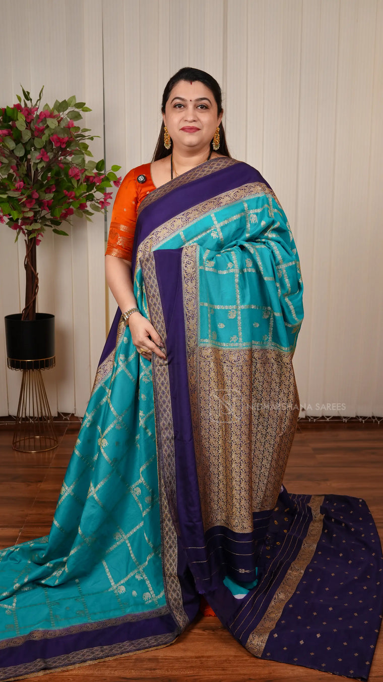 Semi Mysore Crepe Silk Saree With Big Zari Checks And Contrast Gap Style Border