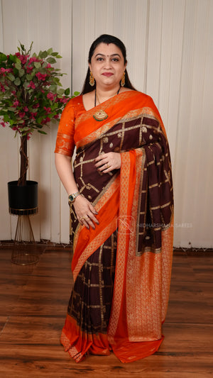 Semi Mysore Crepe Silk Saree With Big Zari Checks And Contrast Gap Style Border