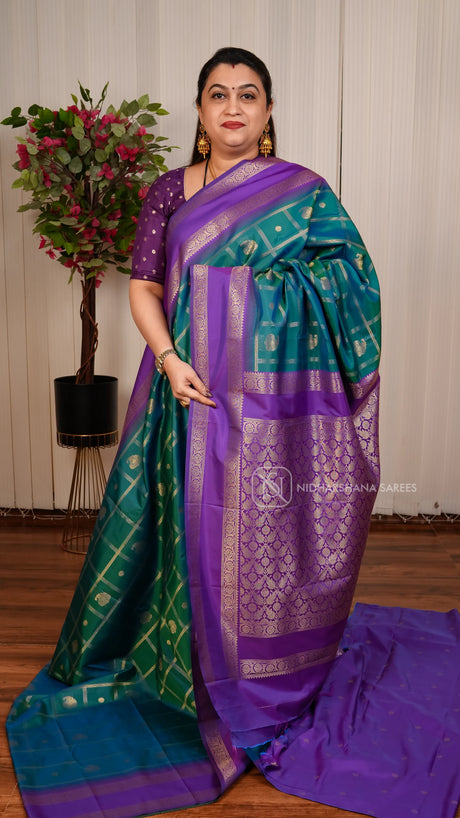 Soft Silk Semi Kanchipuram With Big Zari Checks And Contrast Gap Style Border