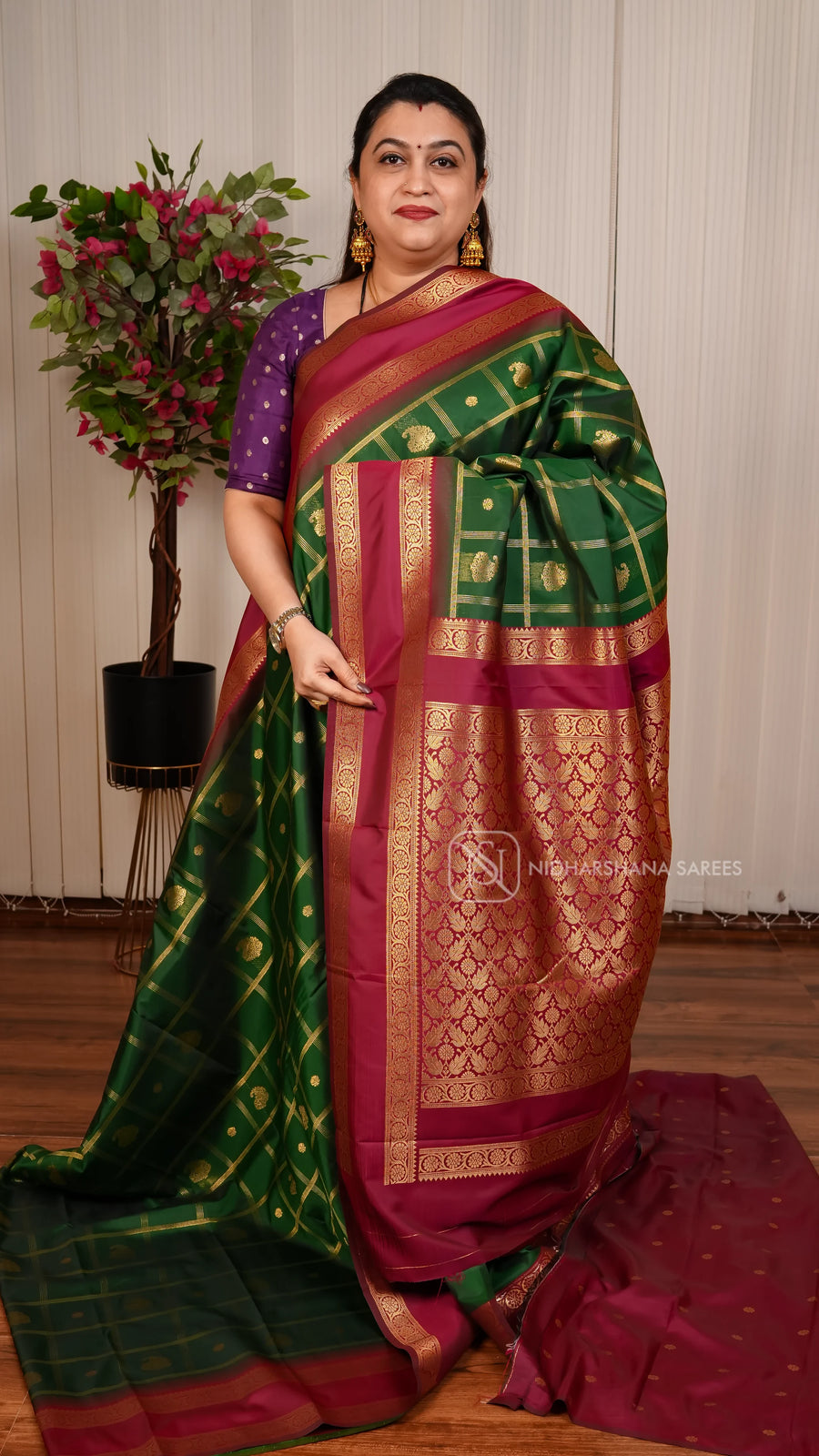 Soft Silk Semi Kanchipuram With Big Zari Checks And Contrast Gap Style Border