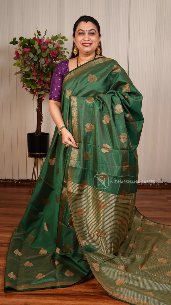 Semi Tussar Saree With Floral Antic Zari Butta And Antic Zari Border