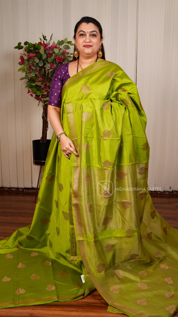 Semi Tussar Saree With Floral Antic Zari Butta And Antic Zari Border