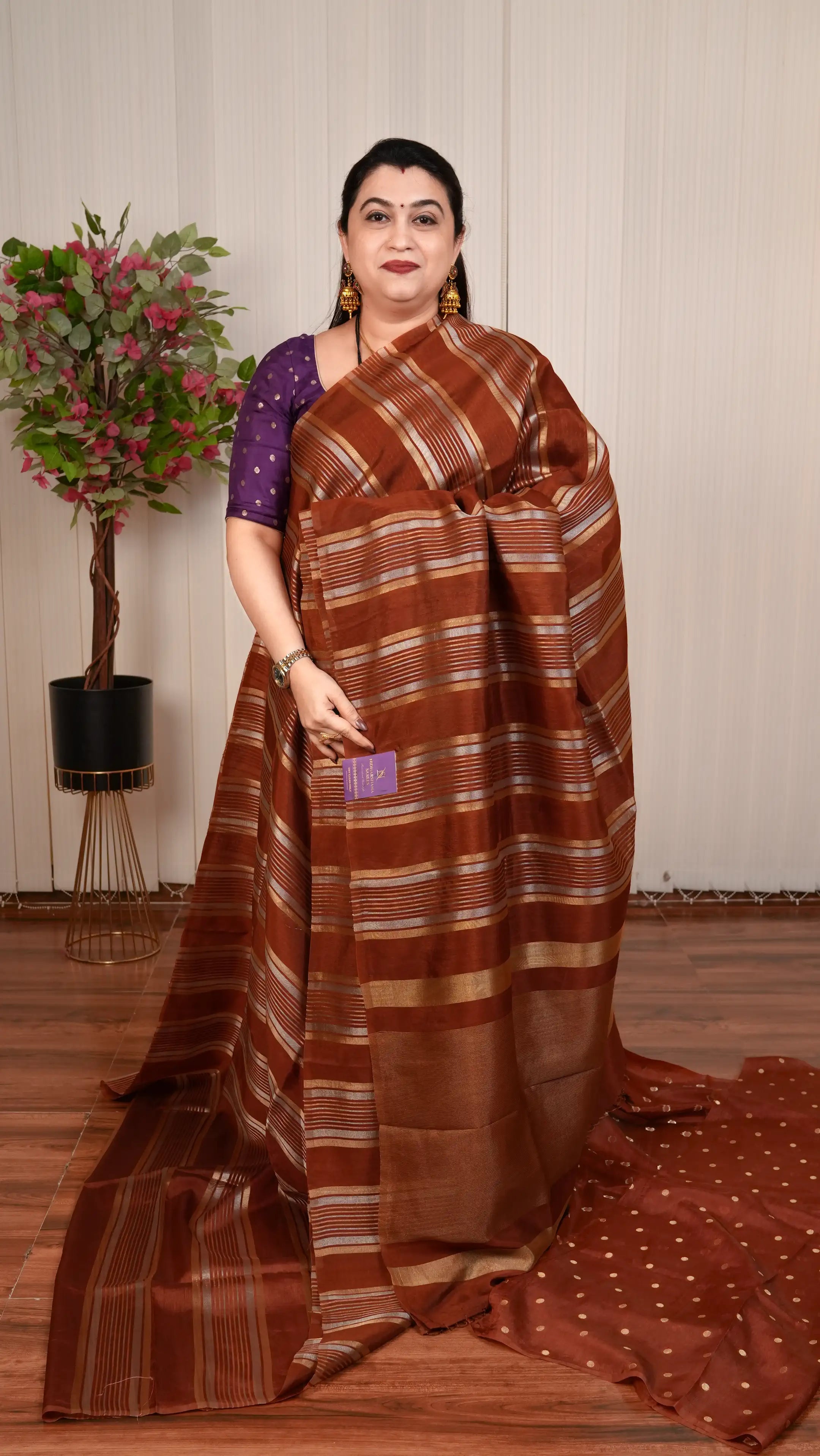 Light Weight Tissue By Semi Crepe Silk With Silver And Gold Zari Lines