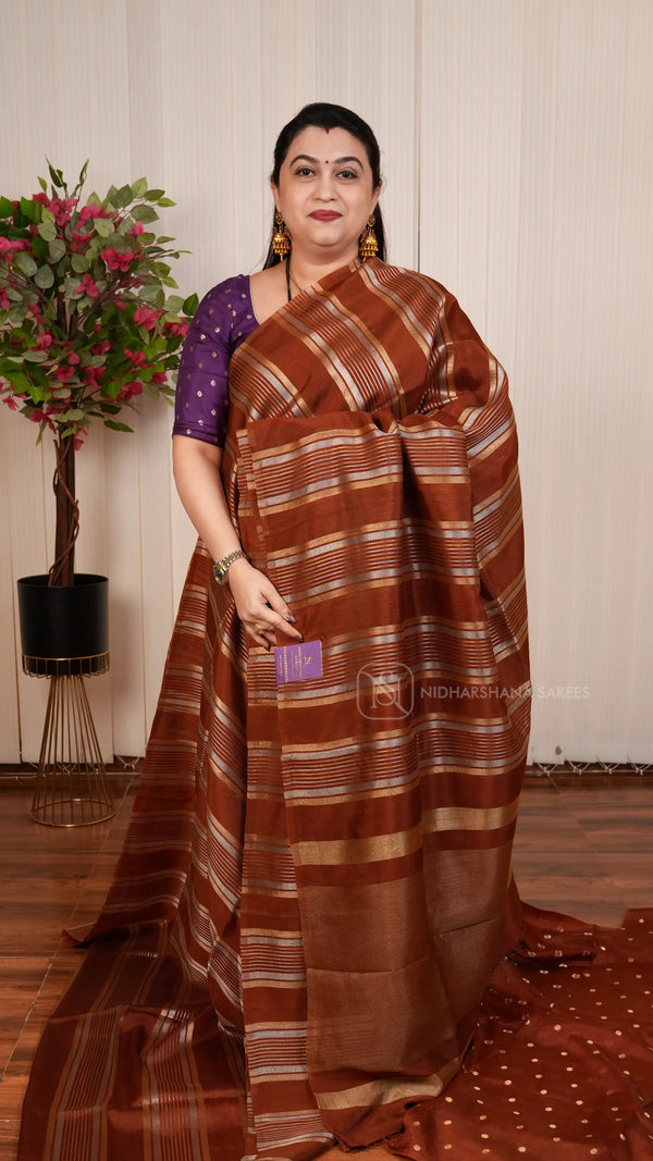 Light Weight Tissue By Semi Crepe Silk With Silver And Gold Zari Lines