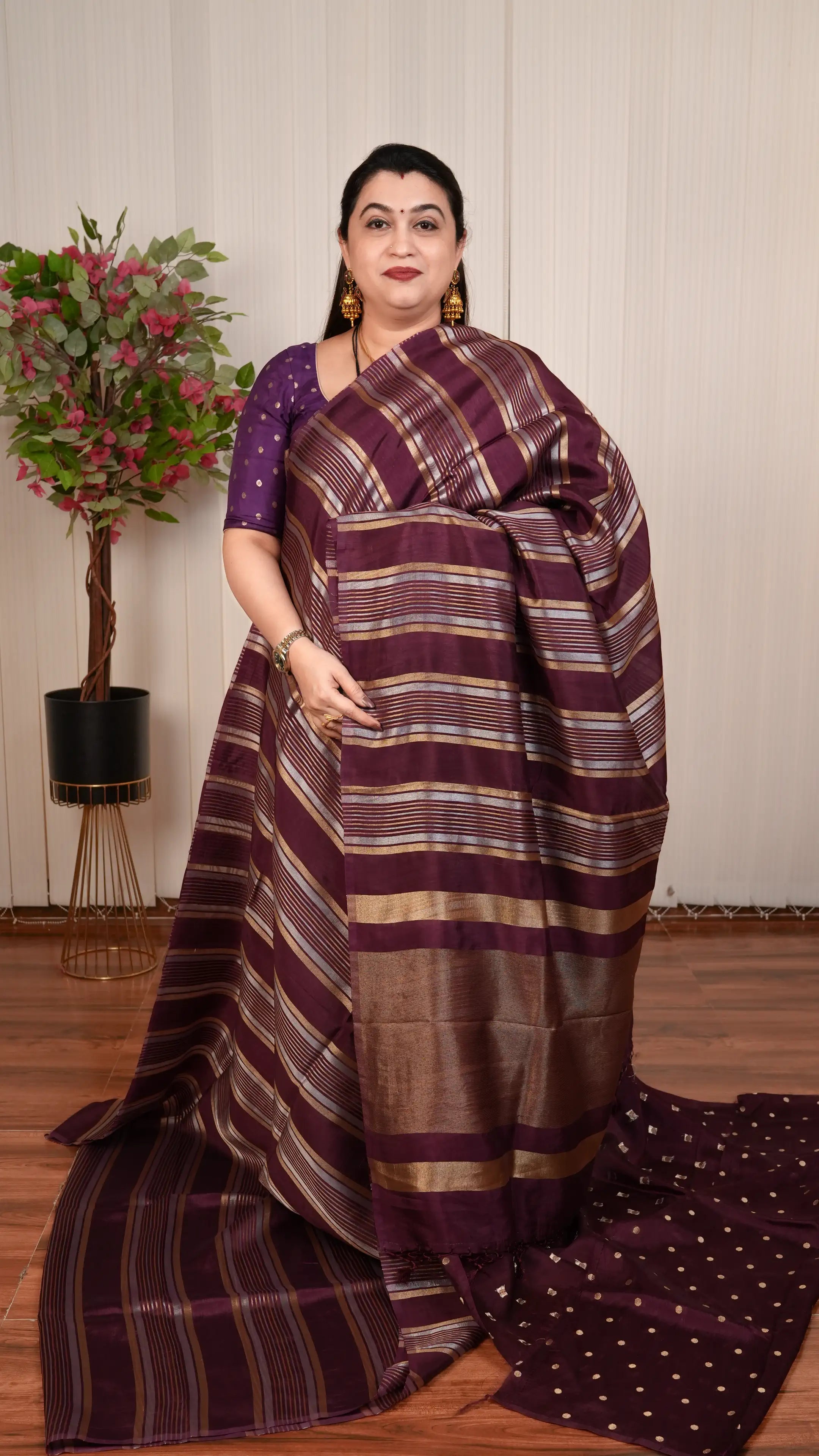 Light Weight Tissue By Semi Crepe Silk With Silver And Gold Zari Lines