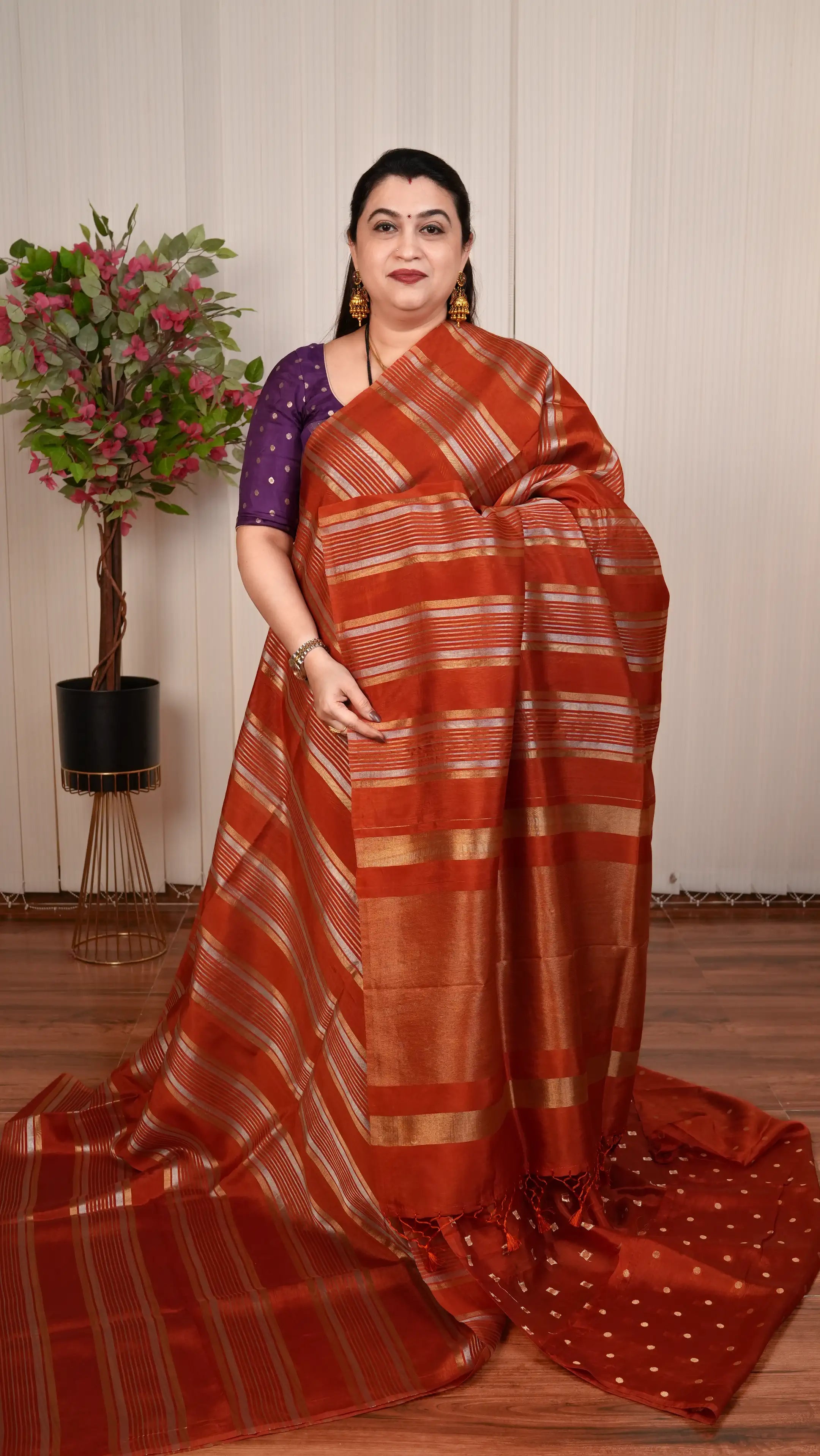 Light Weight Tissue By Semi Crepe Silk With Silver And Gold Zari Lines