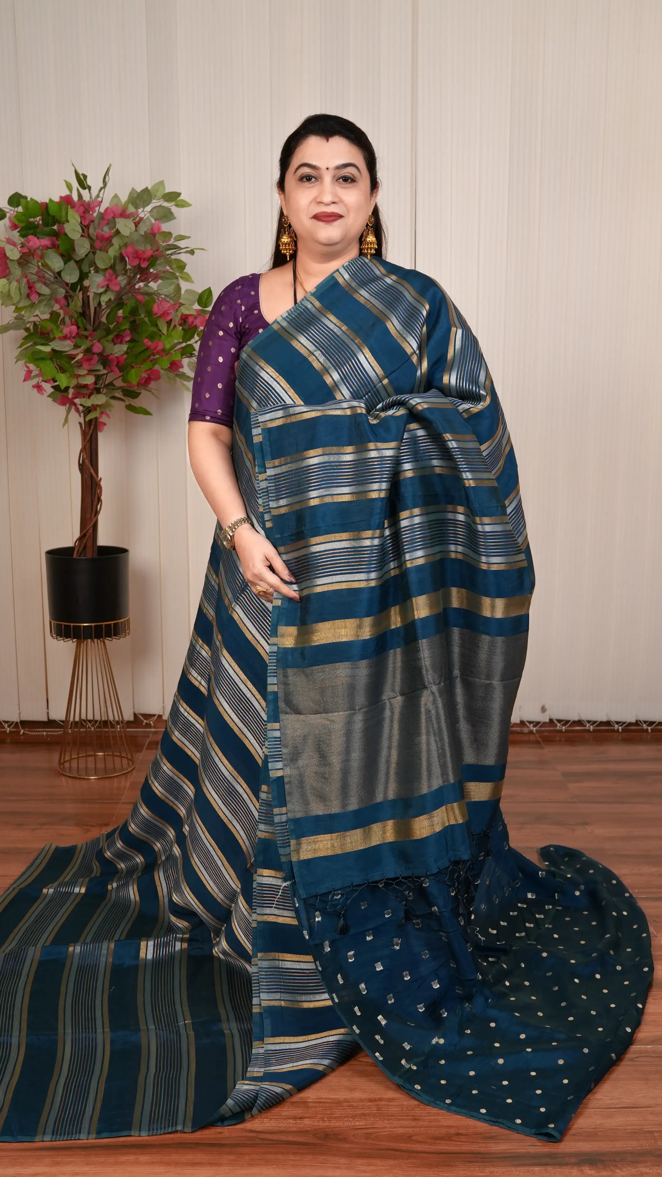 Light Weight Tissue By Semi Crepe Silk With Silver And Gold Zari Lines