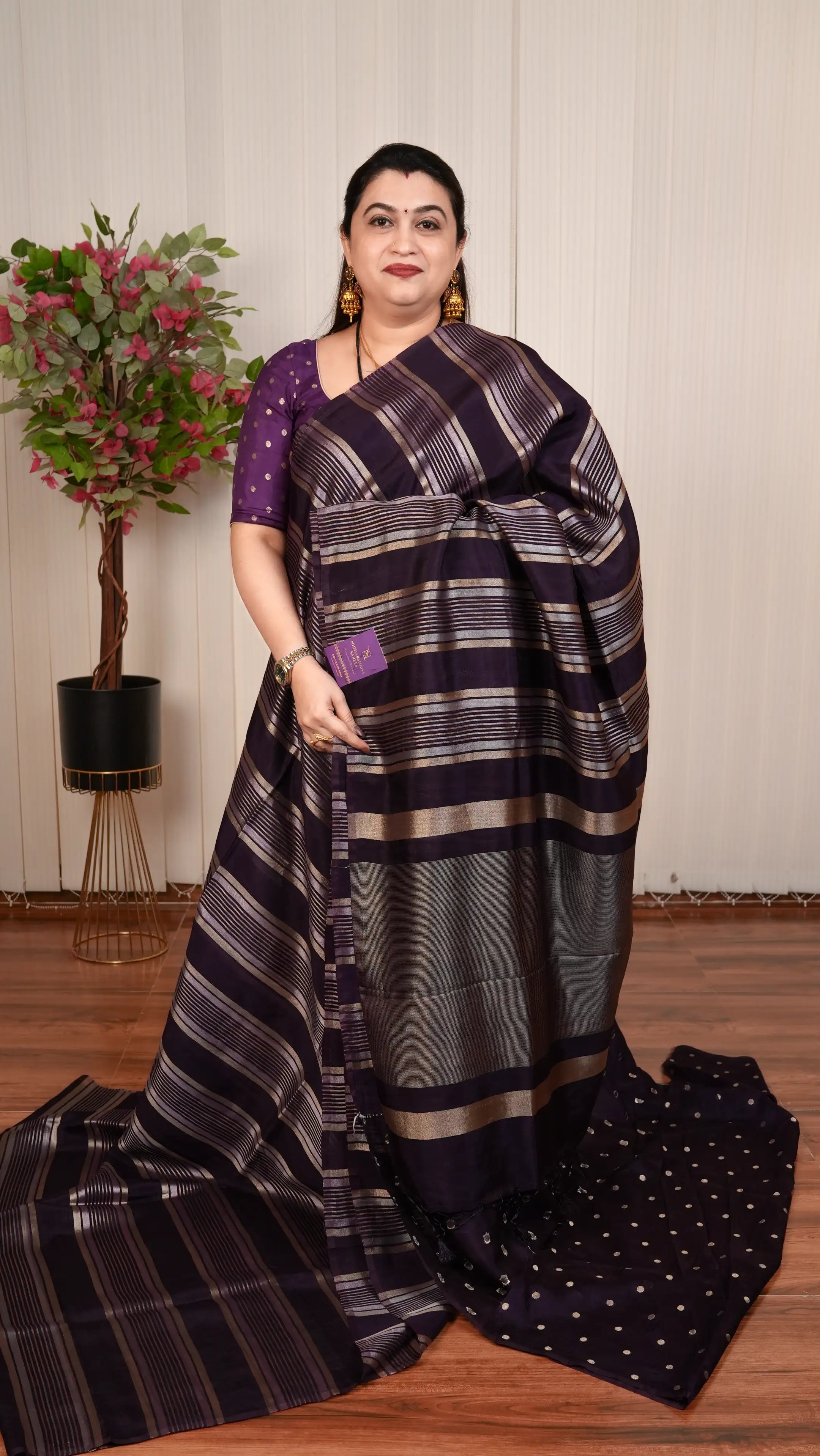 Light Weight Tissue By Semi Crepe Silk With Silver And Gold Zari Lines