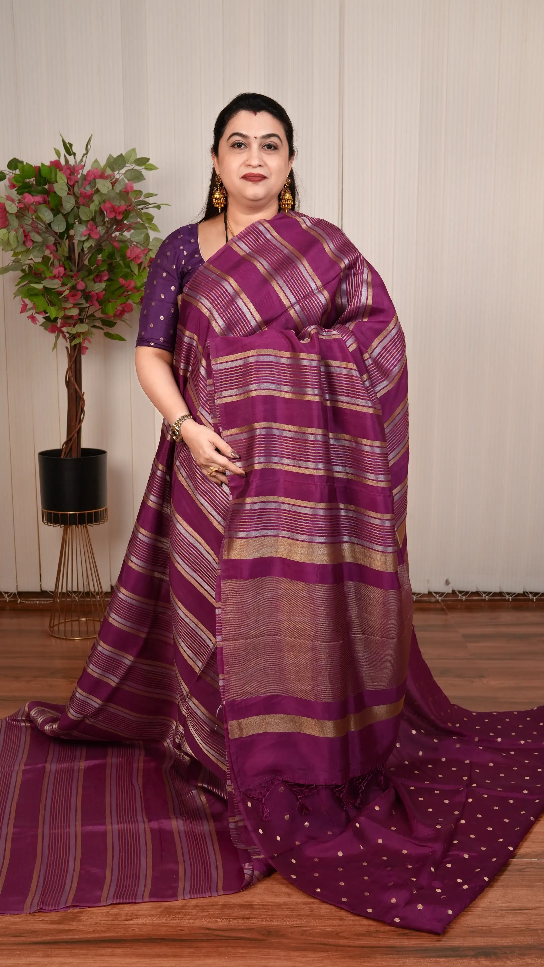 Light Weight Tissue By Semi Crepe Silk With Silver And Gold Zari Lines