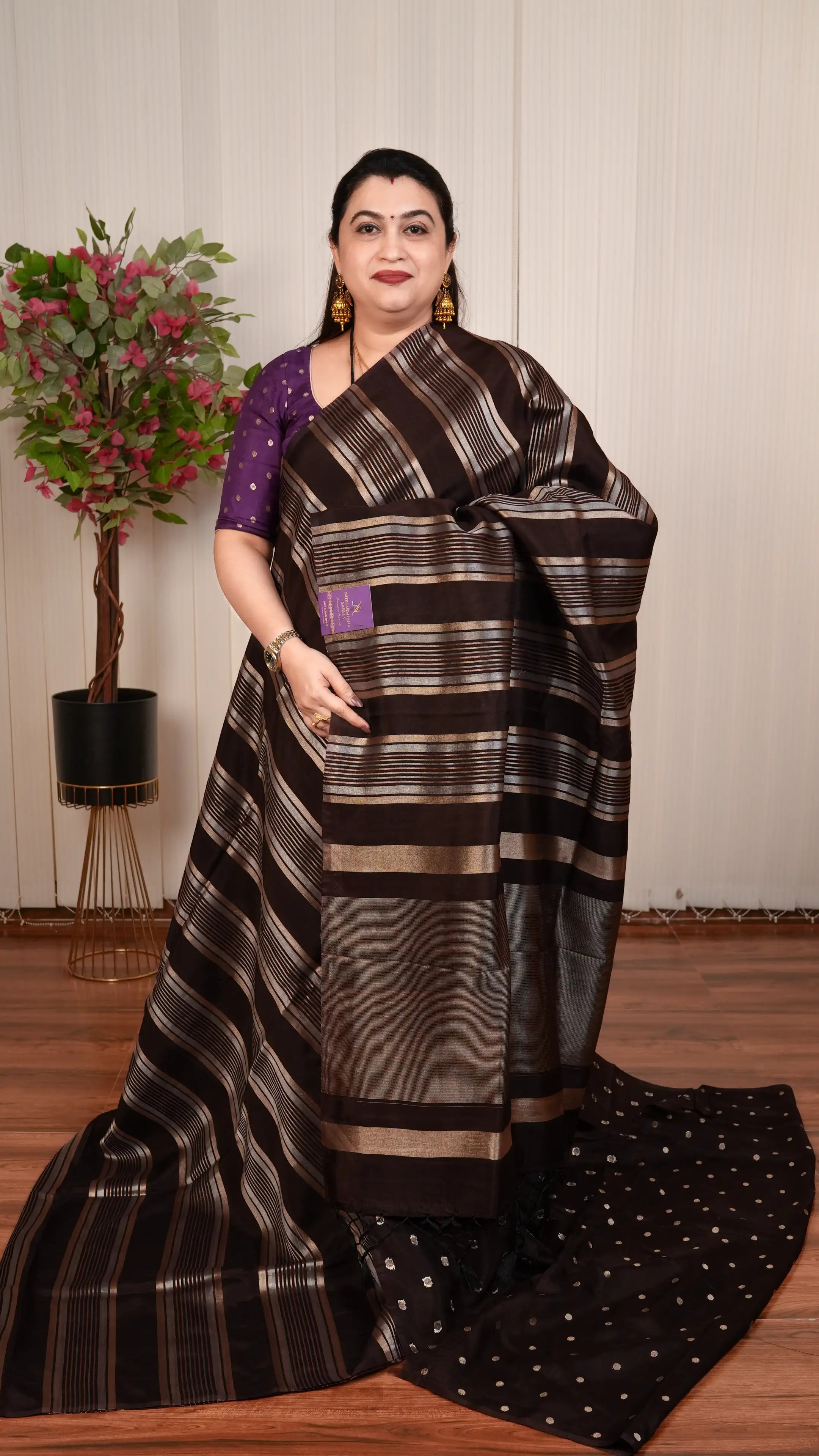 Light Weight Tissue By Semi Crepe Silk With Silver And Gold Zari Lines