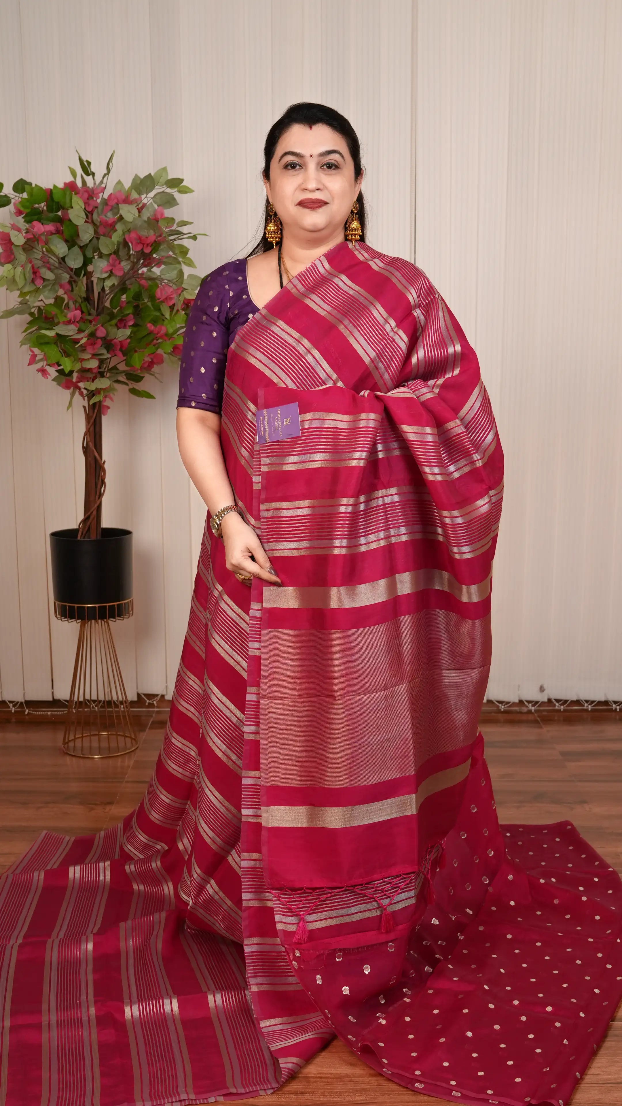 Light Weight Tissue By Semi Crepe Silk With Silver And Gold Zari Lines