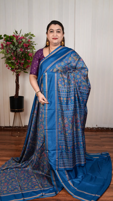 Semi Matka Tussar With Floral Digital Print And Gap Style Border