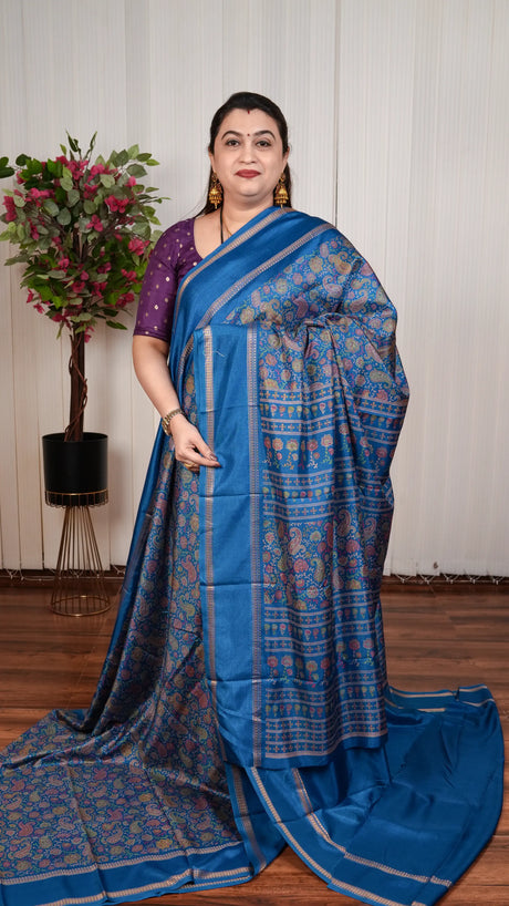 Semi Matka Tussar With Floral Digital Print And Gap Style Border