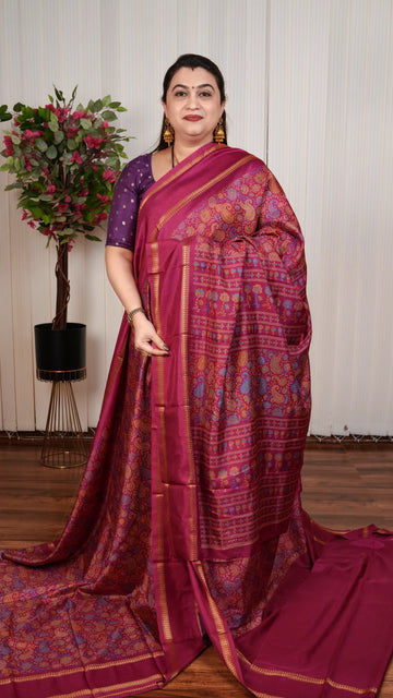 Semi Matka Tussar With Floral Digital Print And Gap Style Border