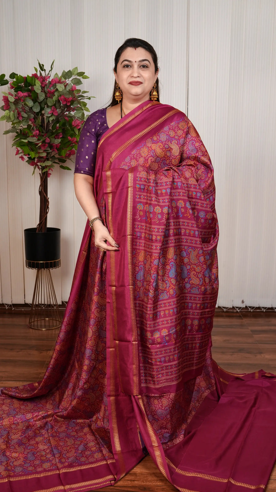 Semi Matka Tussar With Floral Digital Print And Gap Style Border
