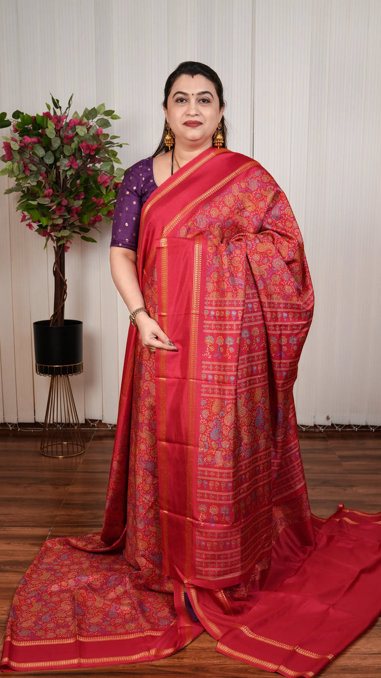Semi Matka Tussar With Floral Digital Print And Gap Style Border