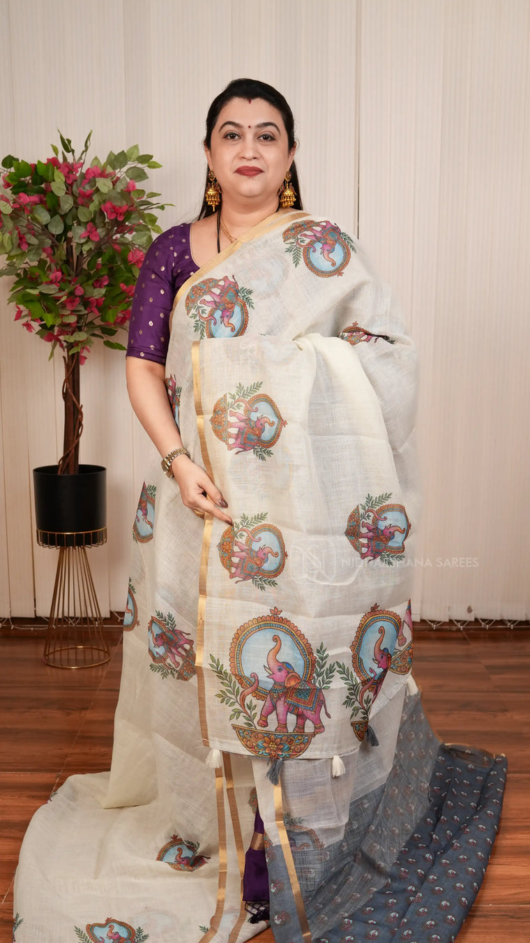 Linen Cotton With Hathi kalamkari Print