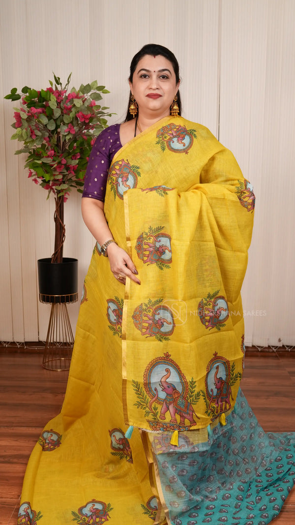 Linen Cotton With Hathi kalamkari Print