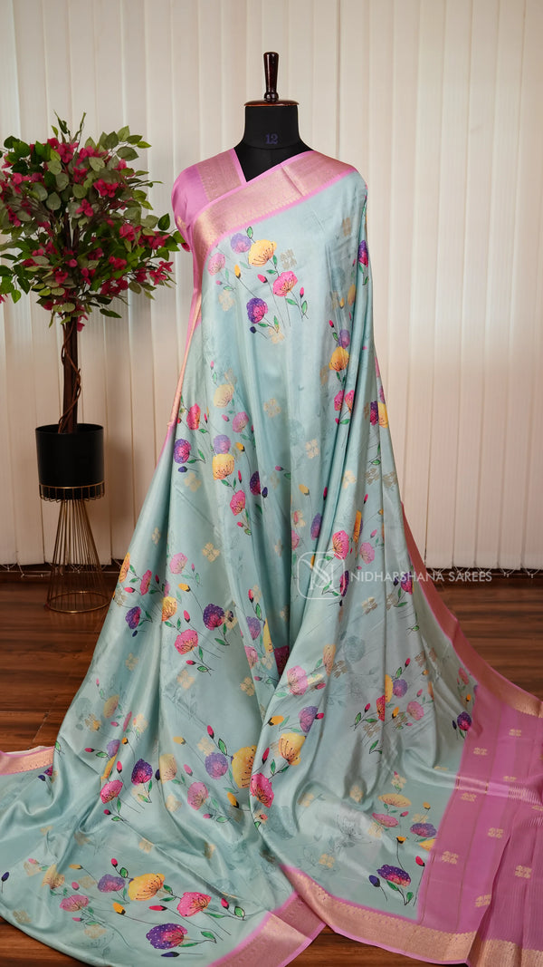 Dola With Zari Butta And Floral Digital Print And Zari Border