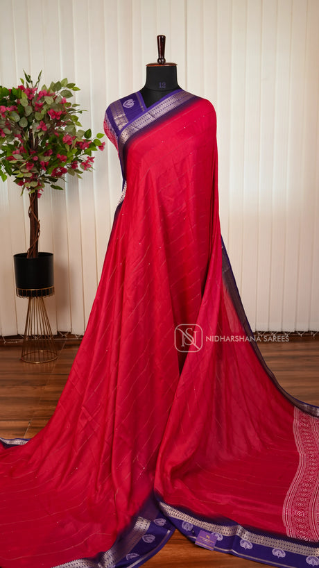 Semi Dola With Sequin Stone And Contrast Zari Border
