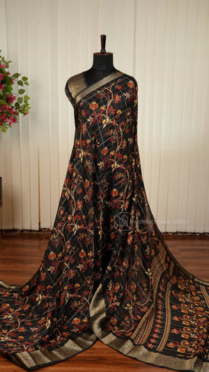 Semi Crepe With Zari Checks And Digital Print And Zari Border