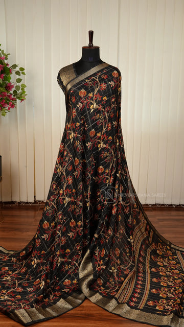 Semi Crepe With Zari Checks And Digital Print And Zari Border
