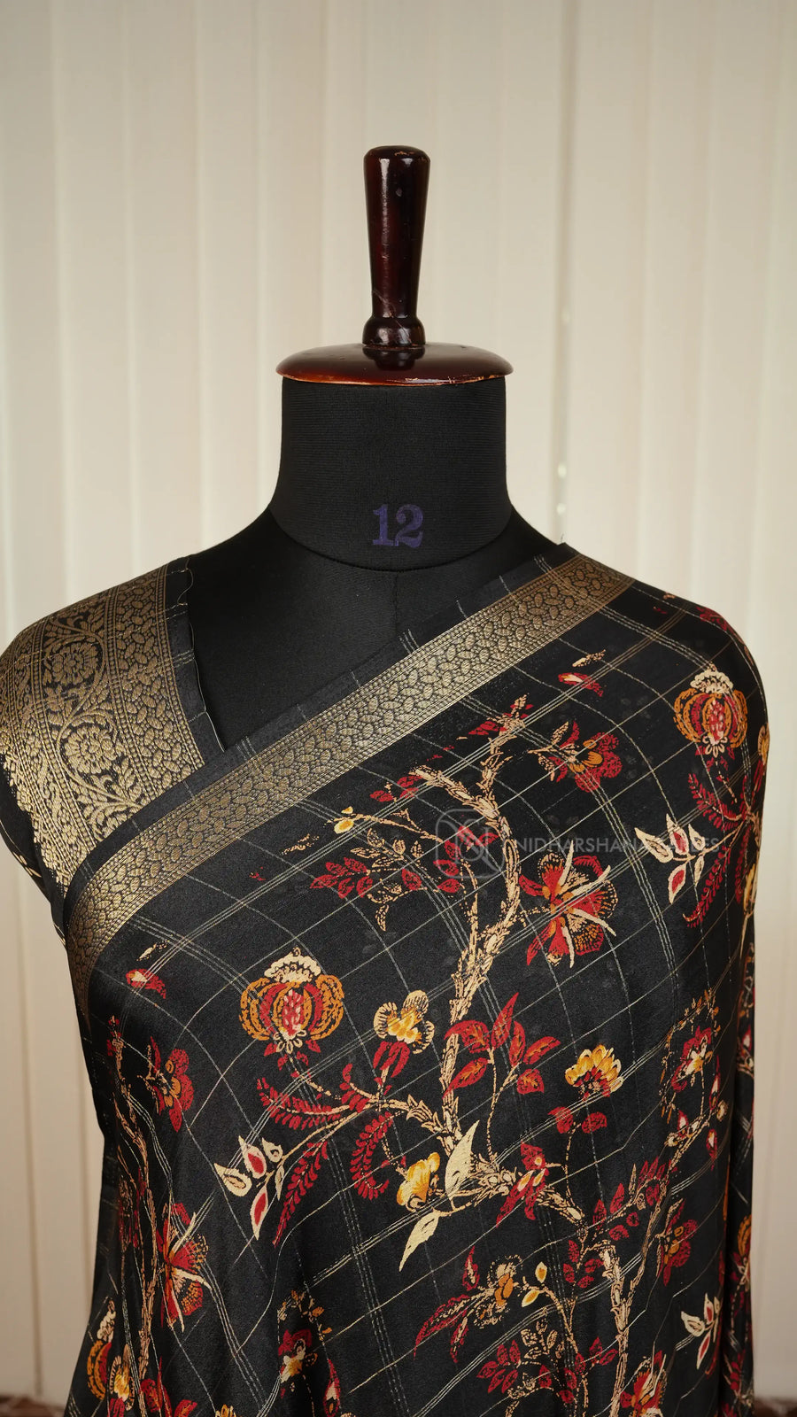 Crepe Silk Saree With Zari Checks And Digital Print And Zari Border