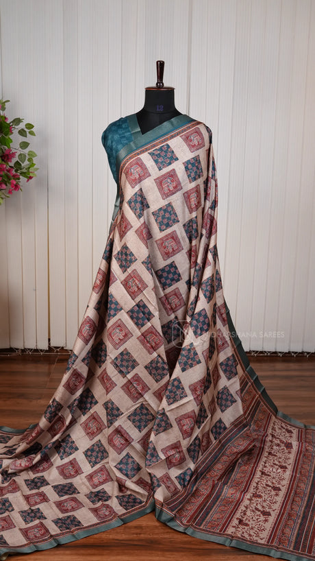 Semi Matka Tussar With Box Pattern Digital Print