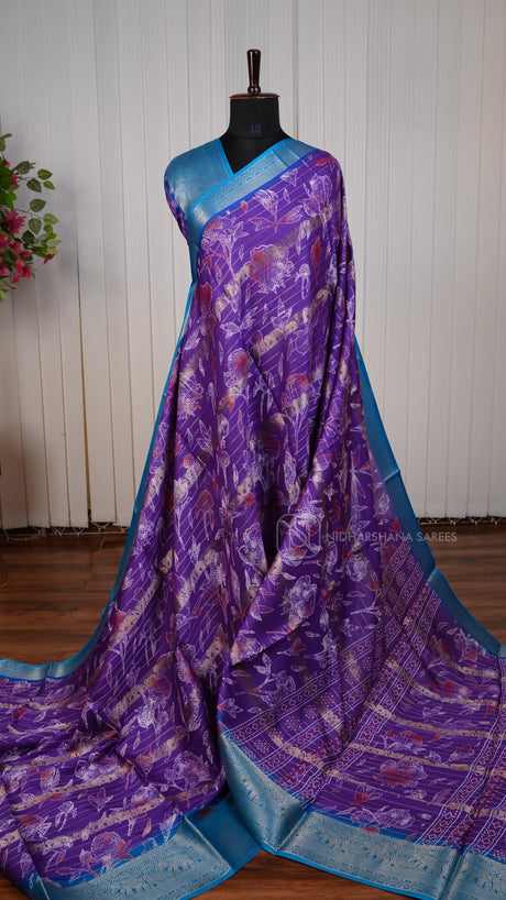 Semi Dola With Floral Digital Print And Zari Border
