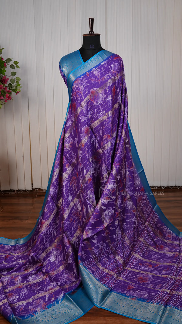 Semi Dola With Floral Digital Print And Zari Border
